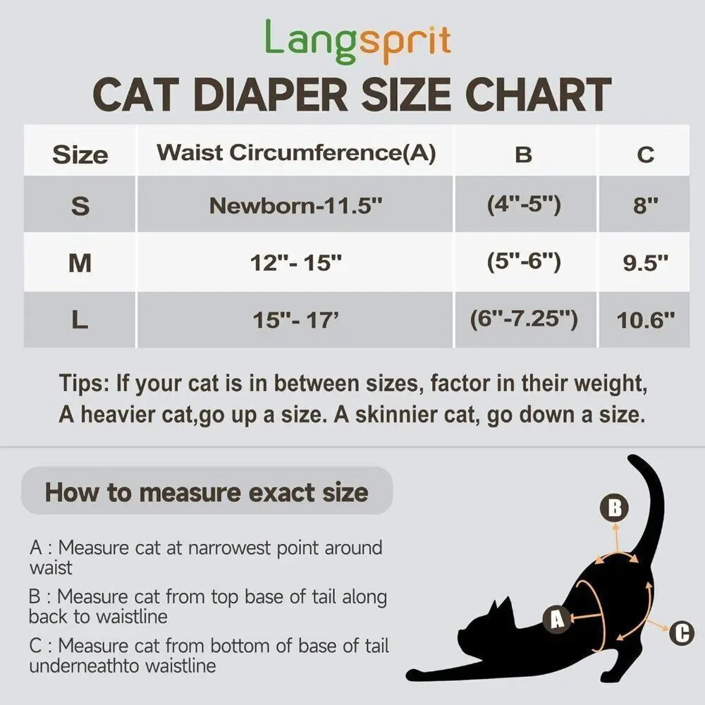 Langsprit Reusable Cat Diapers for Female and Male Washable Sz M Waist 12